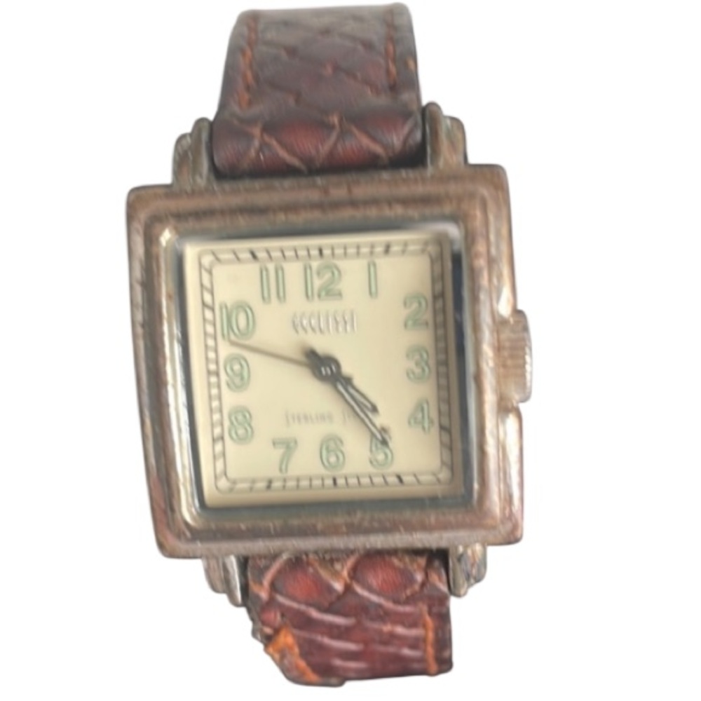 ECCLISSI women’s watch Sterling silver brown leather band white & turquoise face